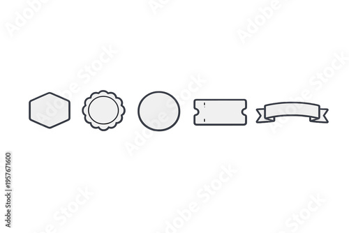 A set of five minimalist blank badge and label icons including a