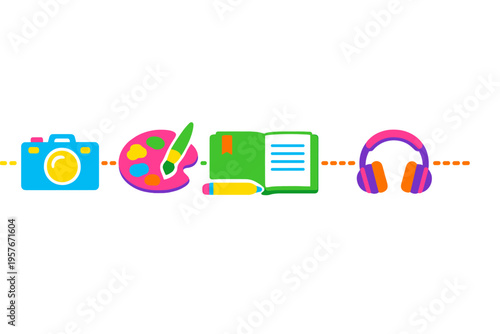 A horizontal line of colorful icons representing creative activities