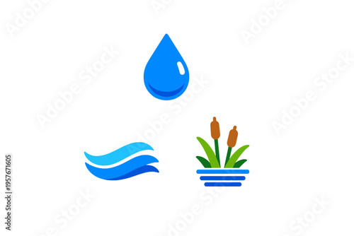 A collection of three minimalist vector icons representing water