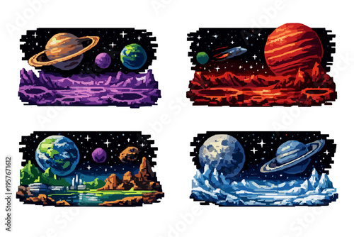A collection of four pixel art space landscapes featuring various