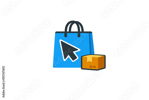 A blue shopping bag with a dark gray mouse cursor icon on its front