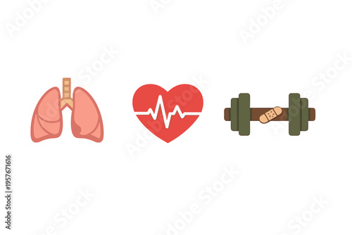 A set of three health and fitness icons featuring human lungs, a red