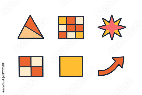 A collection of six flat geometric icons featuring a triangle, grids