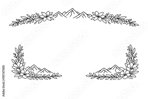 A black and white line art illustration featuring a decorative floral