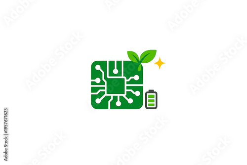 A green microchip illustration with sprouting leaves and a battery