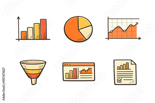 A collection of hand-drawn business icons featuring a bar chart, pie