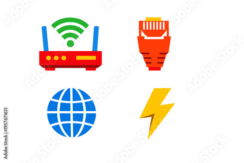 A set of four flat icons including a red wireless router with a green
