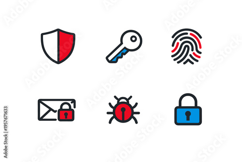 A set of six cyber security icons featuring a shield, key