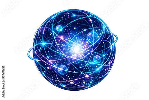 Abstract digital artwork of a luminous spherical atom model with