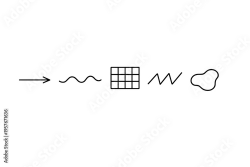 A minimalist vector illustration featuring five black line icons on a