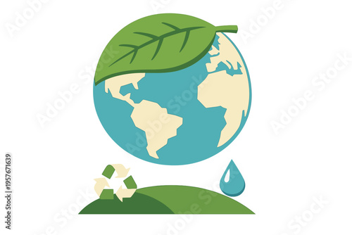 A minimalist illustration of a globe covered by a large green leaf