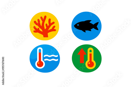 A set of four circular icons illustrating environmental concepts such