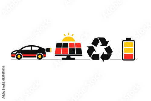 A set of four minimalist icons representing sustainable technology