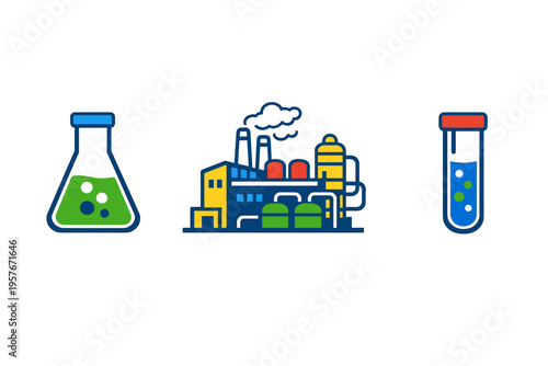 Set of three colorful icons representing the chemical industry and
