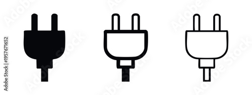 Standard electrical power plug icon set. Two-pin electric connector symbol in various styles.