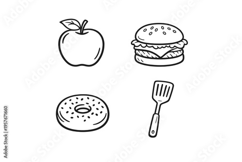 A set of four hand-drawn black and white icons featuring an apple, a