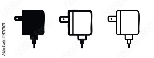 Power adapter and charger icon set. Square electrical transformer symbol in different styles.