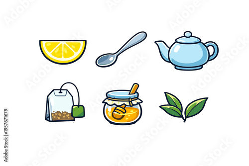 A collection of six tea-related cartoon icons featuring a lemon