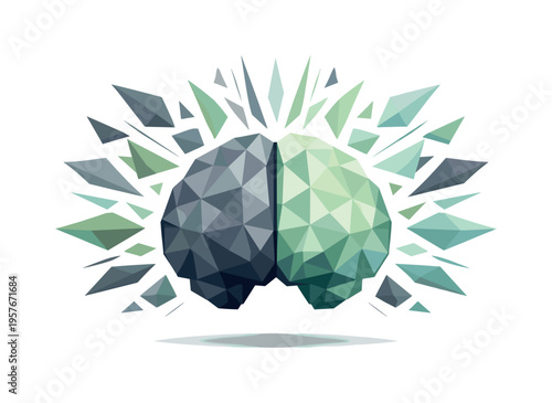 Low-poly vector illustration focused on brain focus burst after the mental breakthrough, geometric brain surrounded by calm