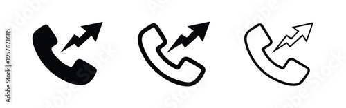 Phone call boost or strong signal icon set. Handset with lightning bolt and arrow in various styles.