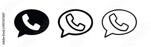Phone call in speech bubble icon set. WhatsApp call or messaging app symbol in various styles.