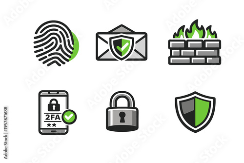 A set of six flat cybersecurity icons featuring a fingerprint, secure