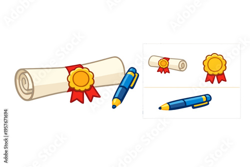 This vector illustration features a rolled paper scroll with a red