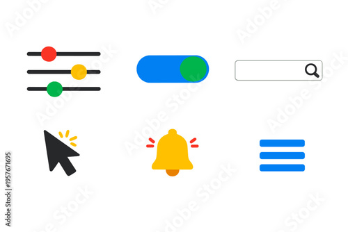 A collection of six colorful user interface icons including a search
