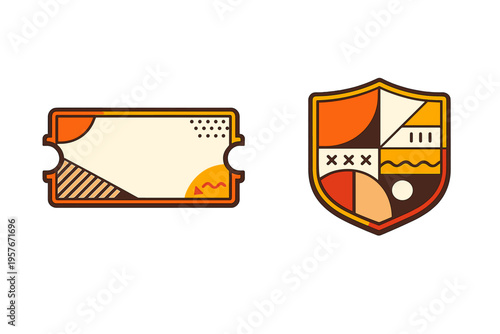 A set of two retro-style graphic icons featuring a ticket shape and a