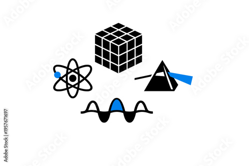 A minimalist vector illustration featuring science and physics icons