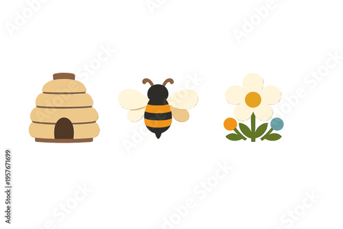 This minimalist illustration depicts a yellow skep beehive, a striped