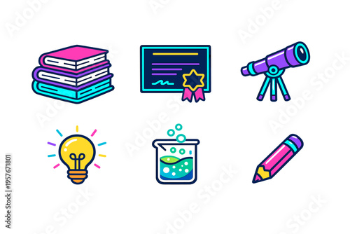 Six vibrant flat icons representing education and science featuring a