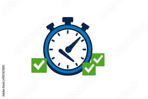 This flat illustration features a blue stopwatch surrounded by three