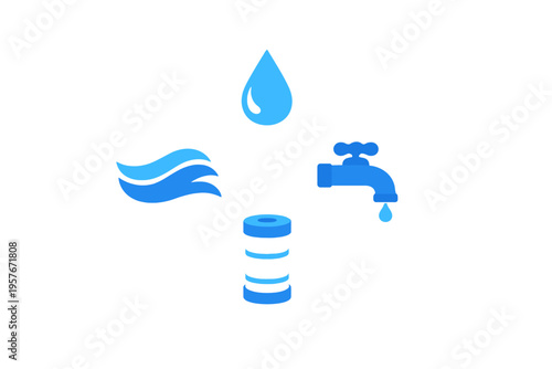 A set of four blue water-related icons featuring a water drop, a