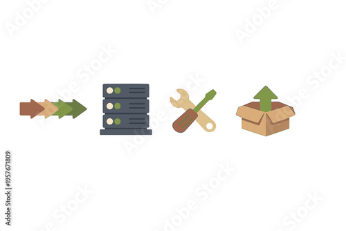 A collection of four flat vector icons featuring a sequence of