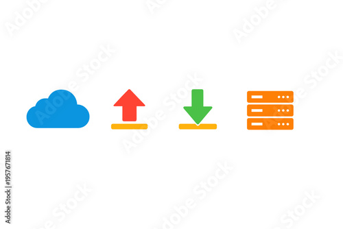 Four colorful flat icons including a blue cloud, red upload arrow