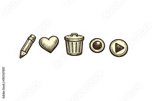 A set of five hand-drawn vintage style icons including a pencil