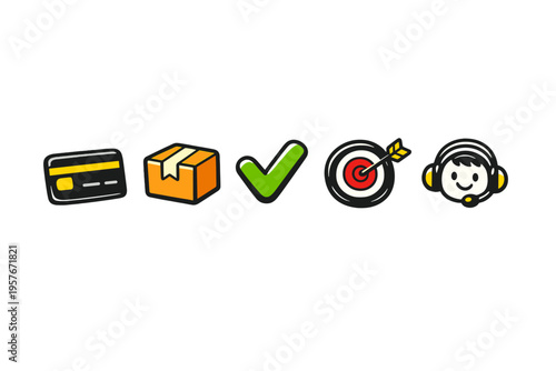 Set of five colorful icons for e-commerce and customer service