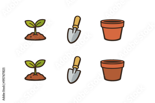 A collection of gardening icons featuring a young green sprout in