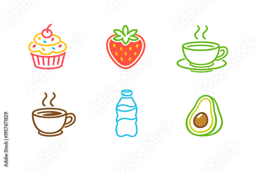 A set of six colorful line art icons featuring a cupcake, strawberry