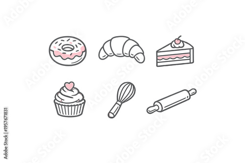 A collection of six hand-drawn bakery icons including a donut