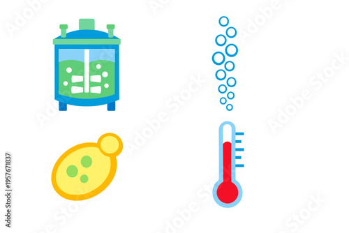 Set of four flat icons illustrating the fermentation process