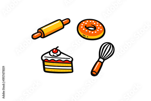 A set of four baking-themed cartoon stickers featuring a yellow