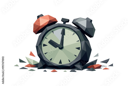 Low-poly vector illustration focused on alarm clock slam after the impact settles, geometric alarm clock resting firmly with