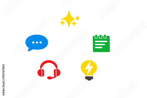 A circular arrangement of colorful flat icons including a speech