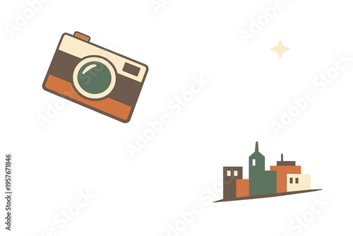 A minimalist illustration featuring a vintage film camera, a stylized