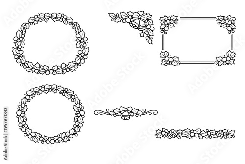 A set of black and white hand-drawn Christmas decorative elements