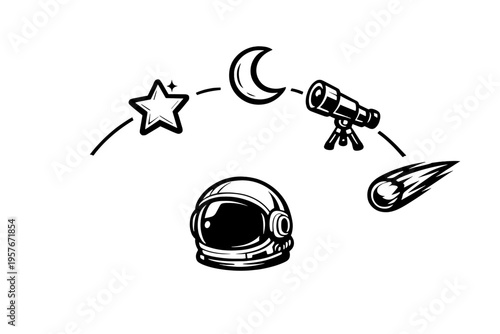 A black and white vector illustration featuring an astronaut helmet