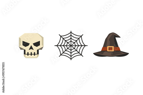 A set of three Halloween icons featuring a geometric skull, a