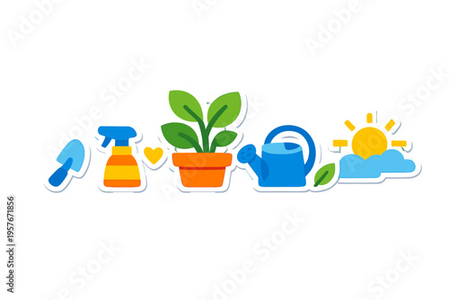 A collection of colorful gardening stickers featuring a potted plant
